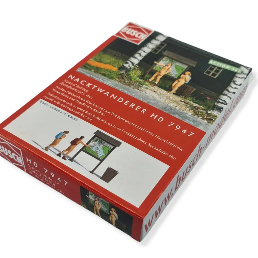 Randonneurs nudistes, sac à dos et Panneau BUSCH 7947 - HO 1/87 - 3
