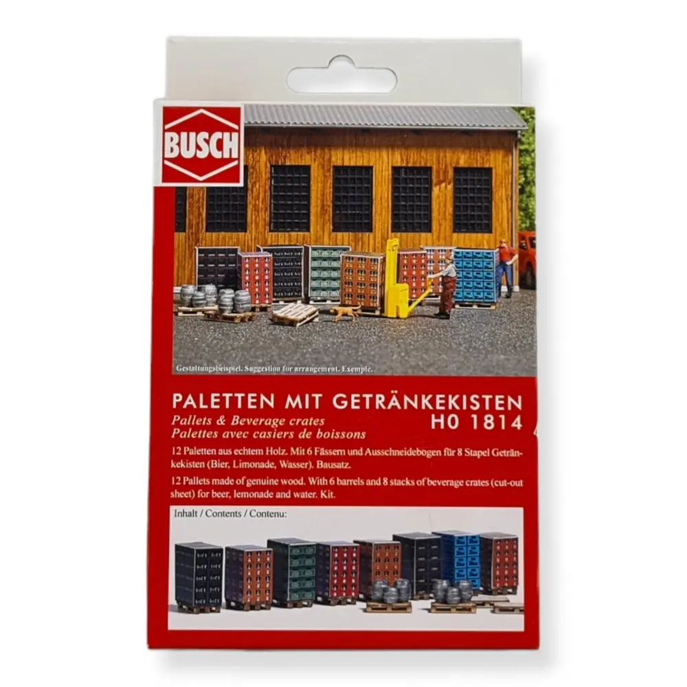 Lot de 12 palettes en bois avec Fûts et Caisses de bière - Busch 1814 - HO 1/87 - 4