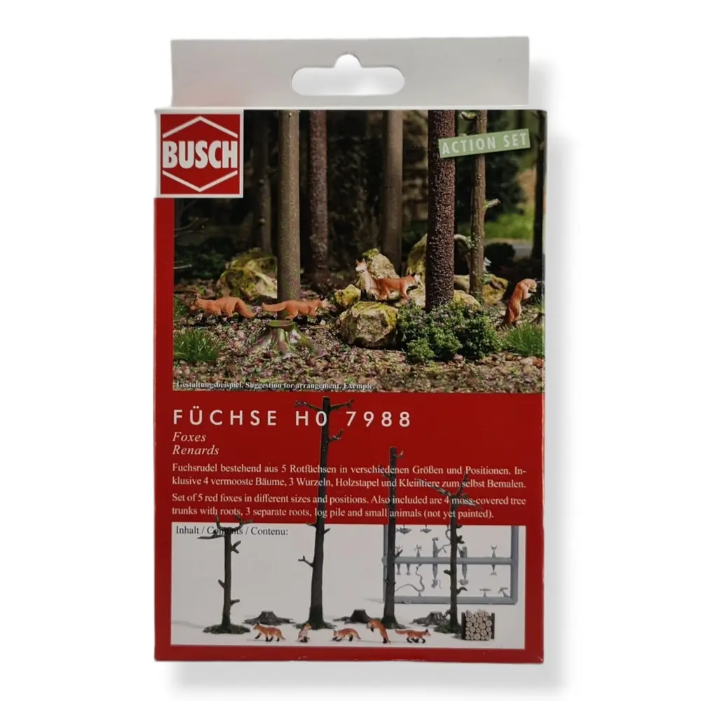 Scénette | 5 Renards en forêt, avec troncs & racines BUSCH 7988 HO 1/87 - 3