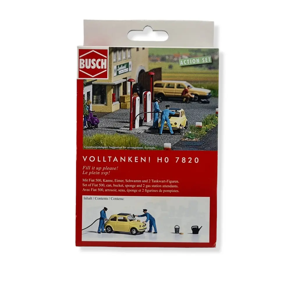 Lot avec 2 pompistes, fiat 500 jaune et des accessoires BUSCH 7820 - HO : 1/87 - 2
