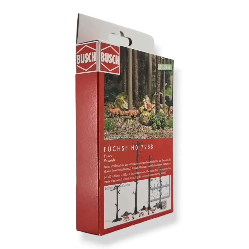 Scénette | 5 Renards en forêt, avec troncs & racines BUSCH 7988 HO 1/87 - 2