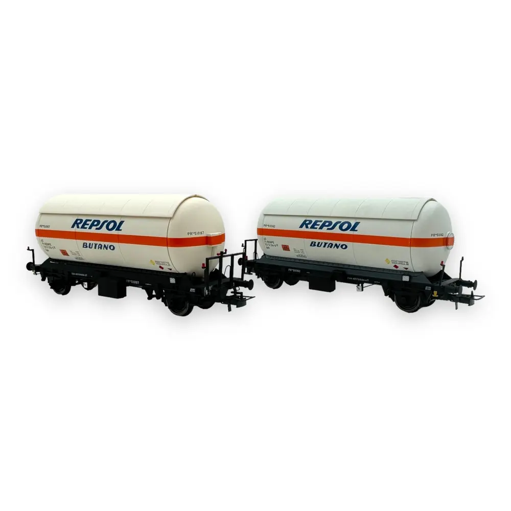 Coffret de 2 wagons citernes à gaz à 2 essieux Zgkk avec toit ouvrant, "REPSOL Butano" - Électrotren HE6066 - HO 1/87 - RENFE - Ep IV - 2R - 2