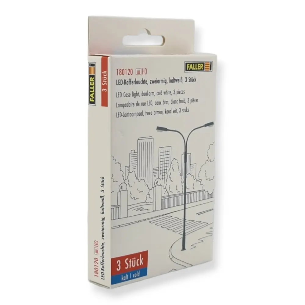 Lot de 3 lampadaires à deux bras avec LED - Faller 180120 - HO 1/87 - 2