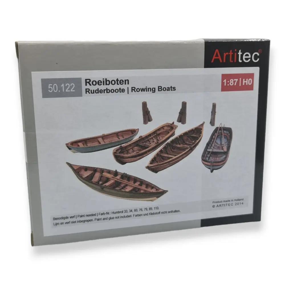 Lot de 5 barques avec rames non peintes - Artitec 50.122 - HO : 1/87   - 3