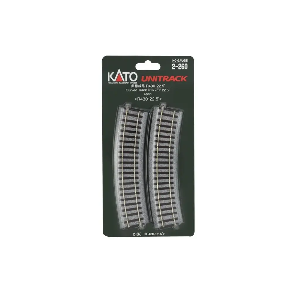 4 rails incurvés Unitrack (R430-22.5) 22,5 degrés - Kato 2-260 - HO 1/87 - 4