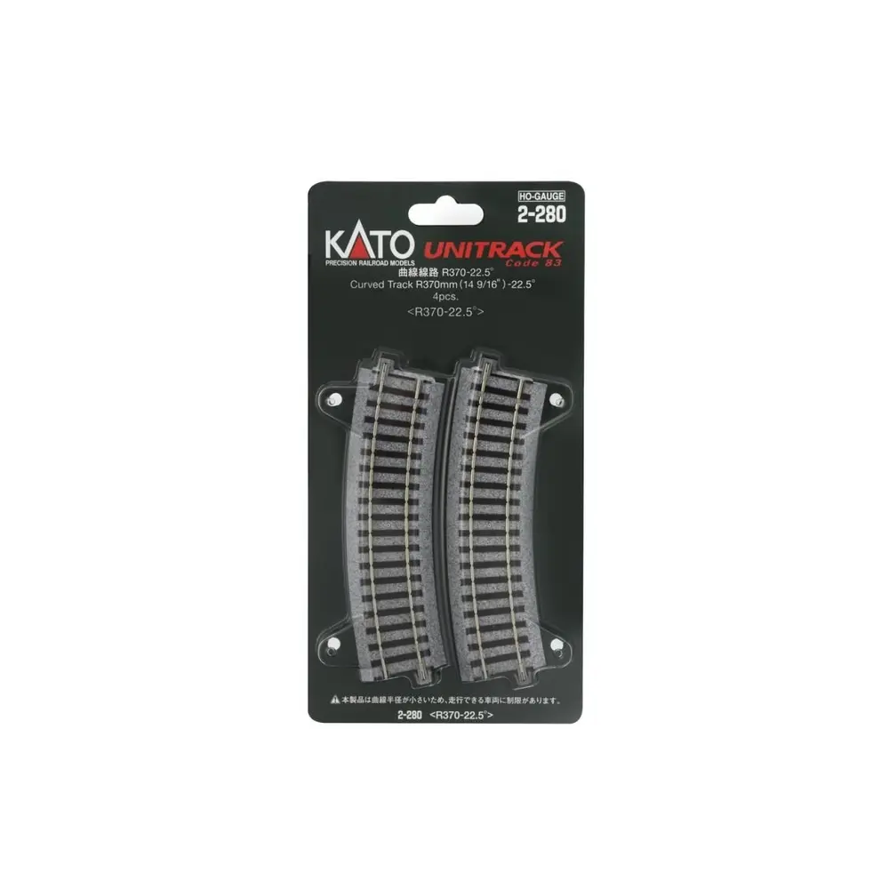 4 rails incurvés Unitrack (R370-22.5) 22,5 degrés - Kato 2-280 - HO 1/87 - 4
