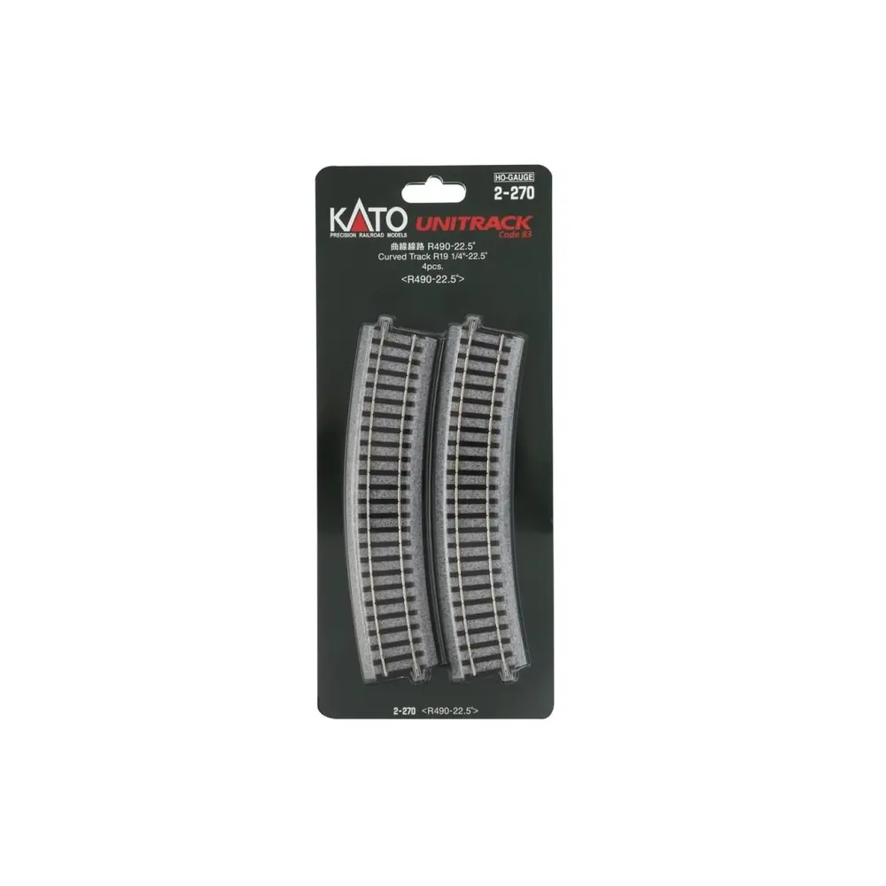4 rails incurvés Unitrack (R490-22.5) 22,5 degrés - Kato 2-270 - HO 1/87 - 4