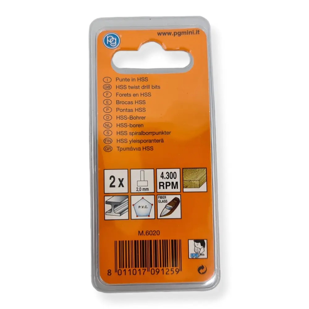 Set de 2 Forêts PG Mini M6020 en pointe HSS - diamètre 2 mm - 4300 rpm - 3