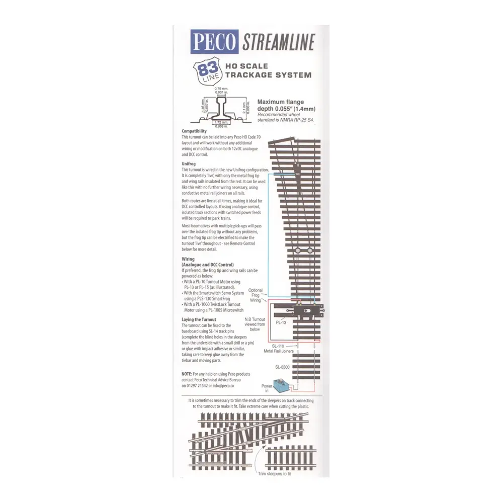 Aiguillage à gauche 223,5 mm, rayon 1092 mm, 9,5°, sans cœur polarisé (Unifrog) code 83 - Peco SLU8362 - HO 1/87 - 2R - 3