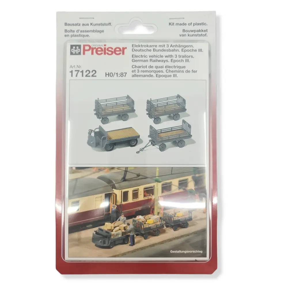 Maquette Chariot électrique, 3 remorques, gris, PREISER 17122 - HO 1/87 - EP III - 2