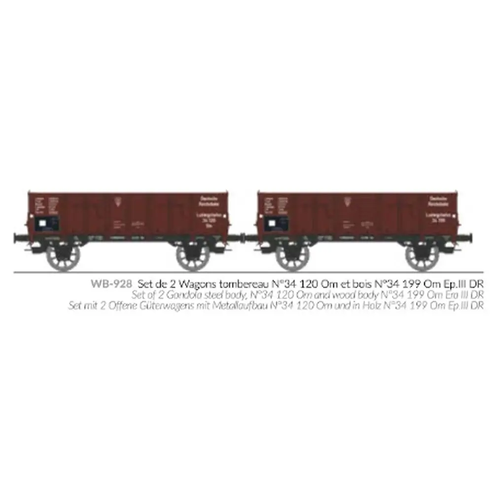 Set de 2 wagons tombereaux Ludwigshafen caisse métallique N°34 120 Om et bois N°34 199 Om - Ree Modèles WB928 - HO 1/87 - DR - Ep III - 2R - 2