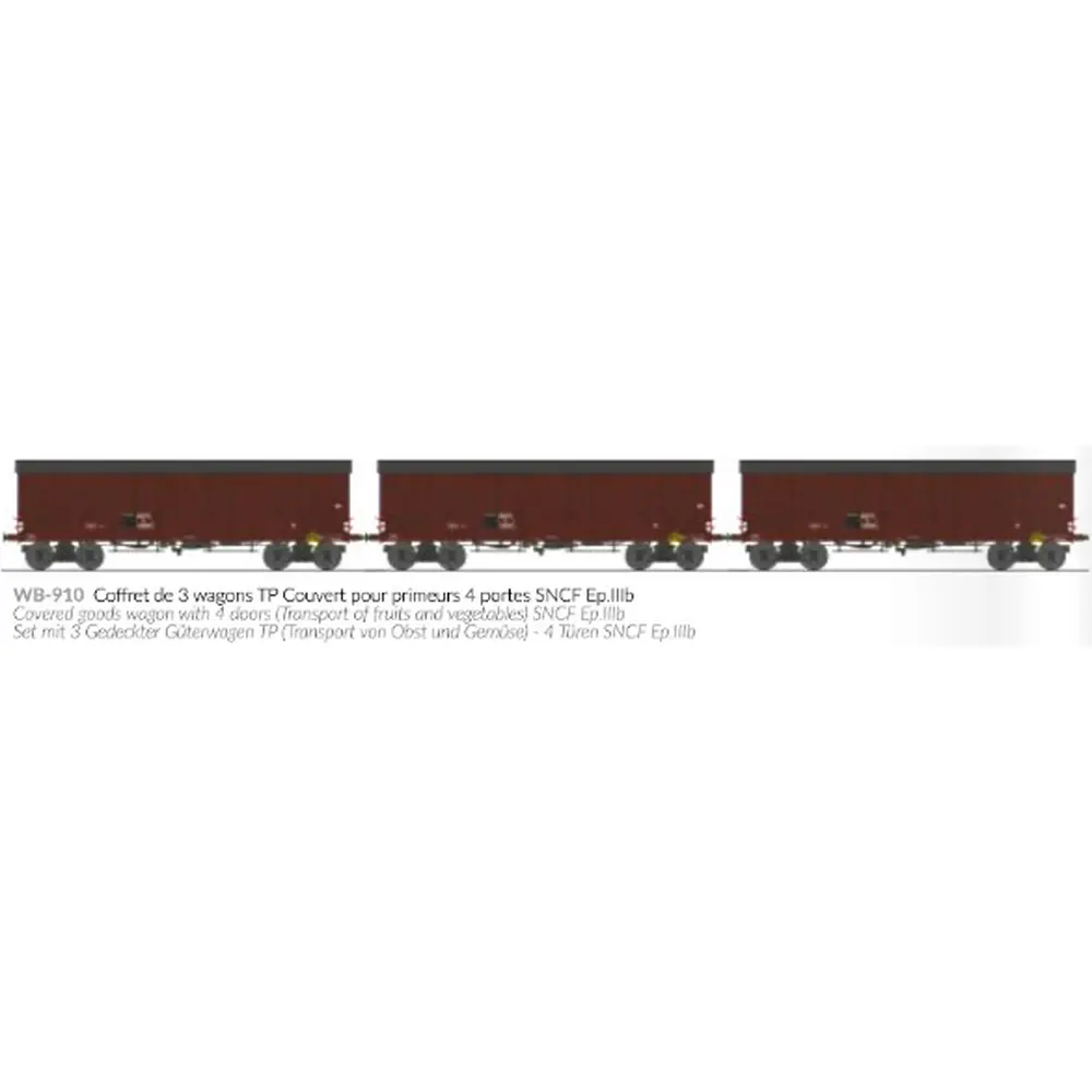Set de 3 wagons tp couverts pour primeurs 4 portes - Ree Modèles WB910 - HO 1/87 - SNCF - Ep III - 2R - 2