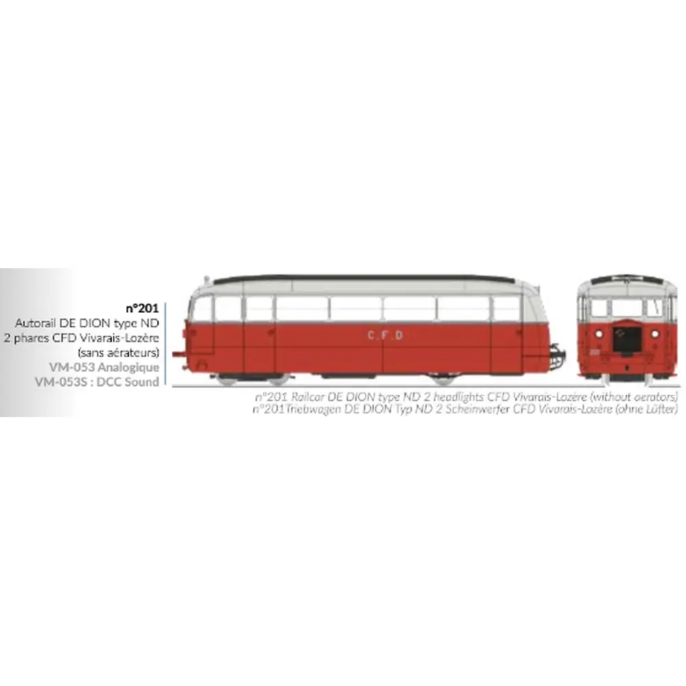 Autorail De Dion type ND Vivarais-Lozère N°201, 2 phares, sans aérateurs, rouge/gris perle - Ree Modèles VM053 - HOe/HOm 1/87 - CFD - Ep III - Analogique - 2R - 2