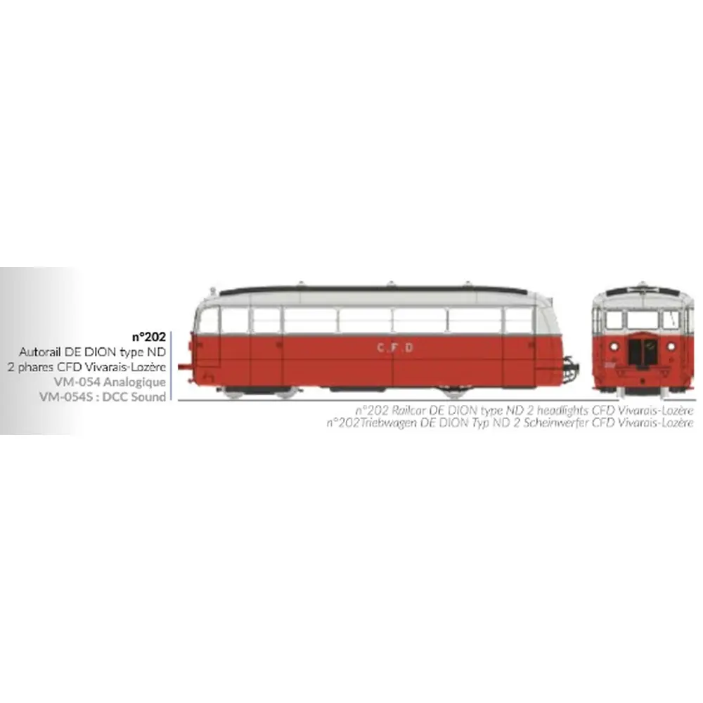 Autorail De Dion type ND Vivarais-Lozère N°202, 2 phares, rouge/gris perle - Ree Modèles VM054 - HOe/HOm 1/87 - CFD - Ep III - Analogique - 2R - 2