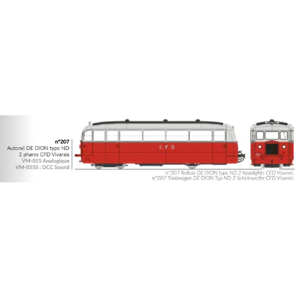 Autorail De Dion type ND Vivarais N°207, 2 phares, rouge/gris perle - Ree Modèles VM055S - HOe/HOm 1/87 - CFD - Ep III - Digital sound - 2R - 2
