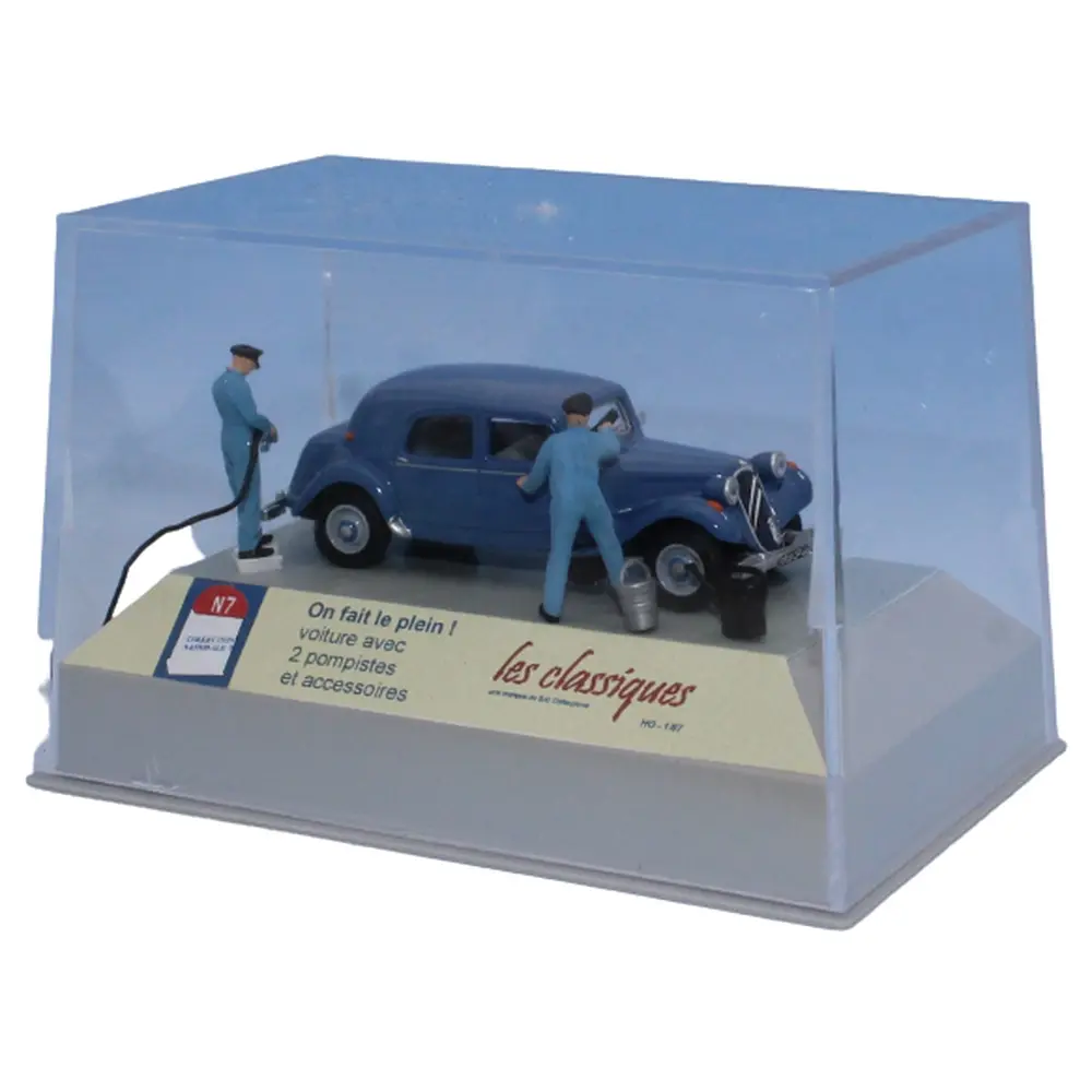 Voiture Citroën Traction 11B bleu, 2 pompistes et accessoires SAI 1911 - HO 1/87 - 2