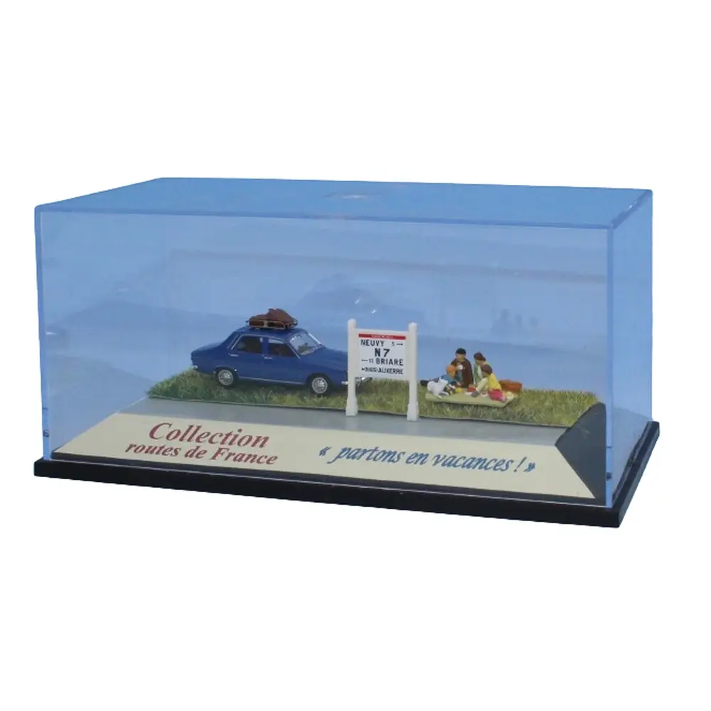 Renault 12 bleue, galerie de toit, 2 valises, scène pique-nique et mur Michelin N7 - Sai 1994 - HO 1/87 - 2