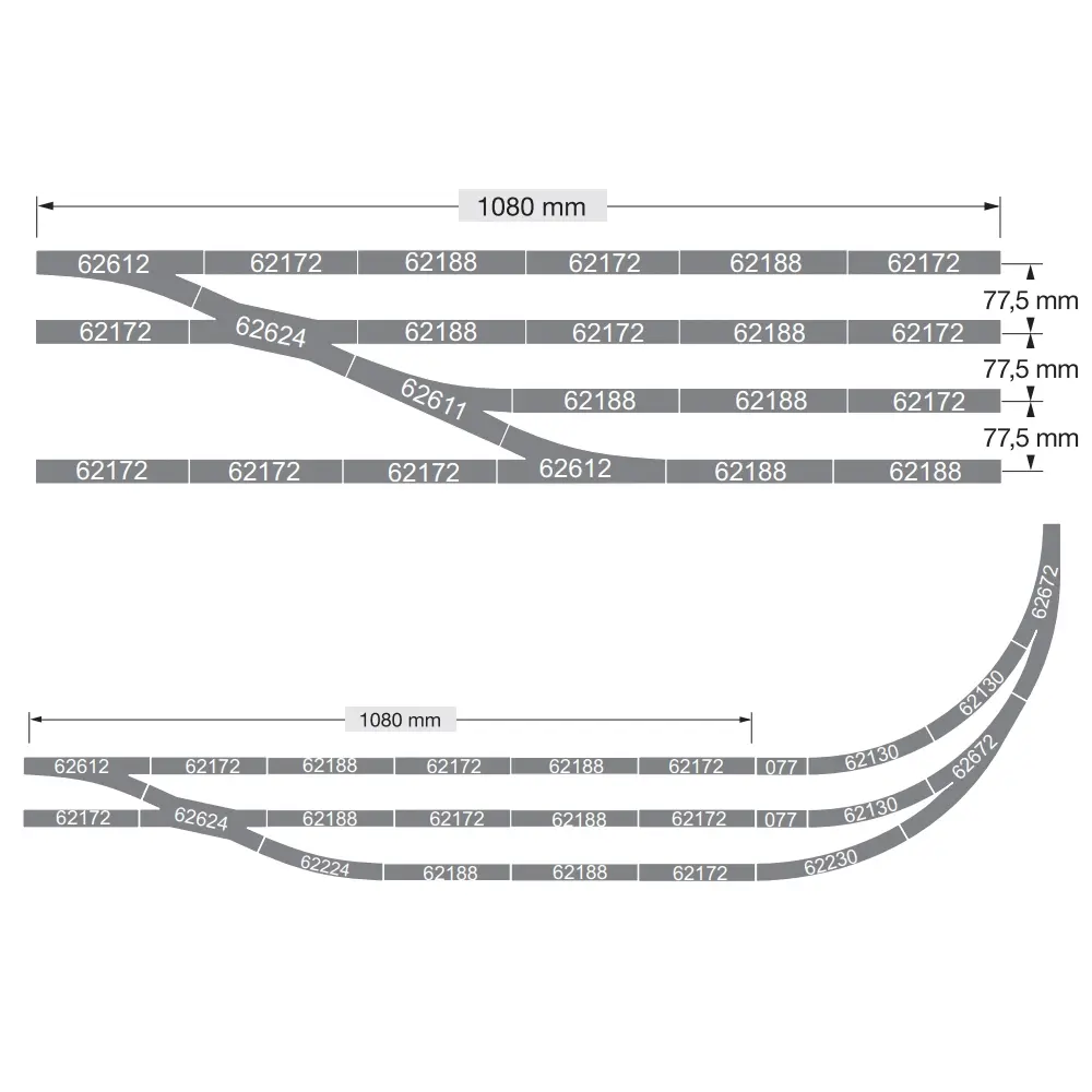 Traversée Jonction Double R2 24,3° Trix 62624 - 188,3 mm - HO : 1/87 - Code 83 - Voie C - 7