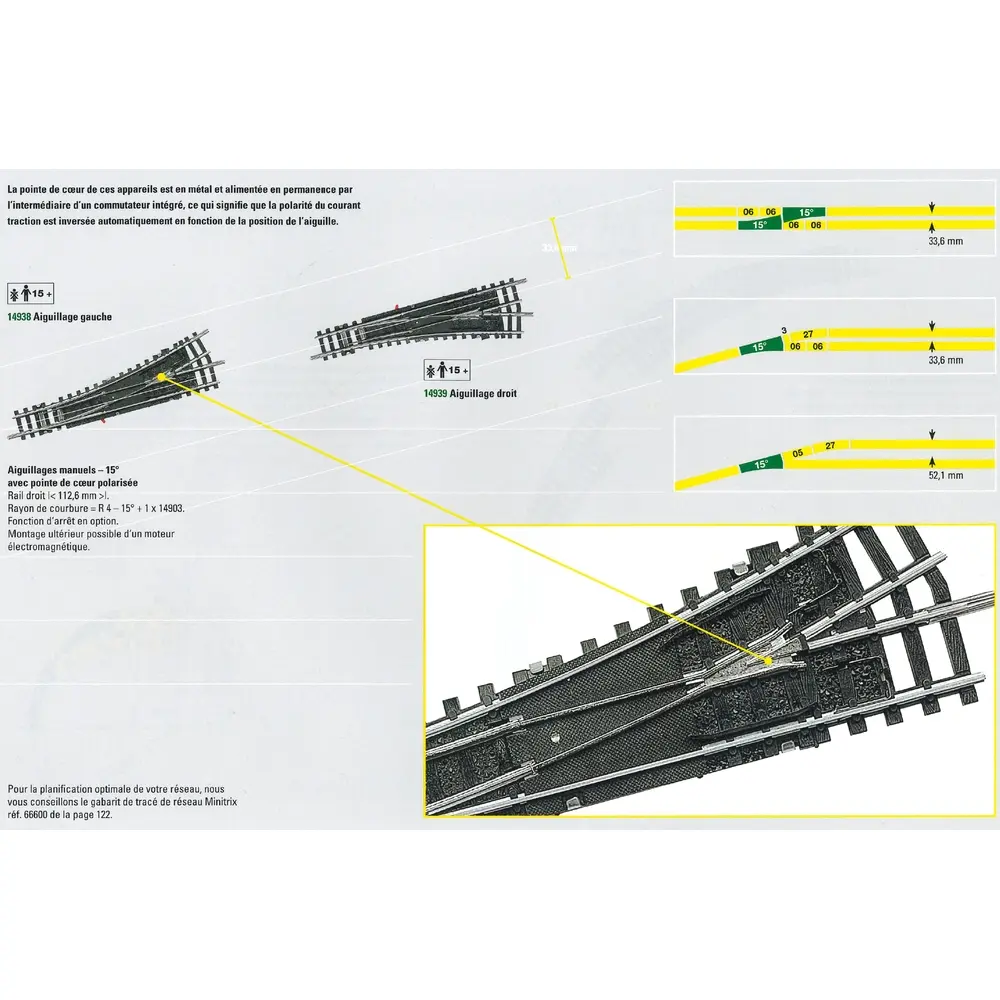 Aiguillage gauche Coeur Pola Minitrix 14938 15° 112.6 mm - N : 1/160 - code 80 - 2