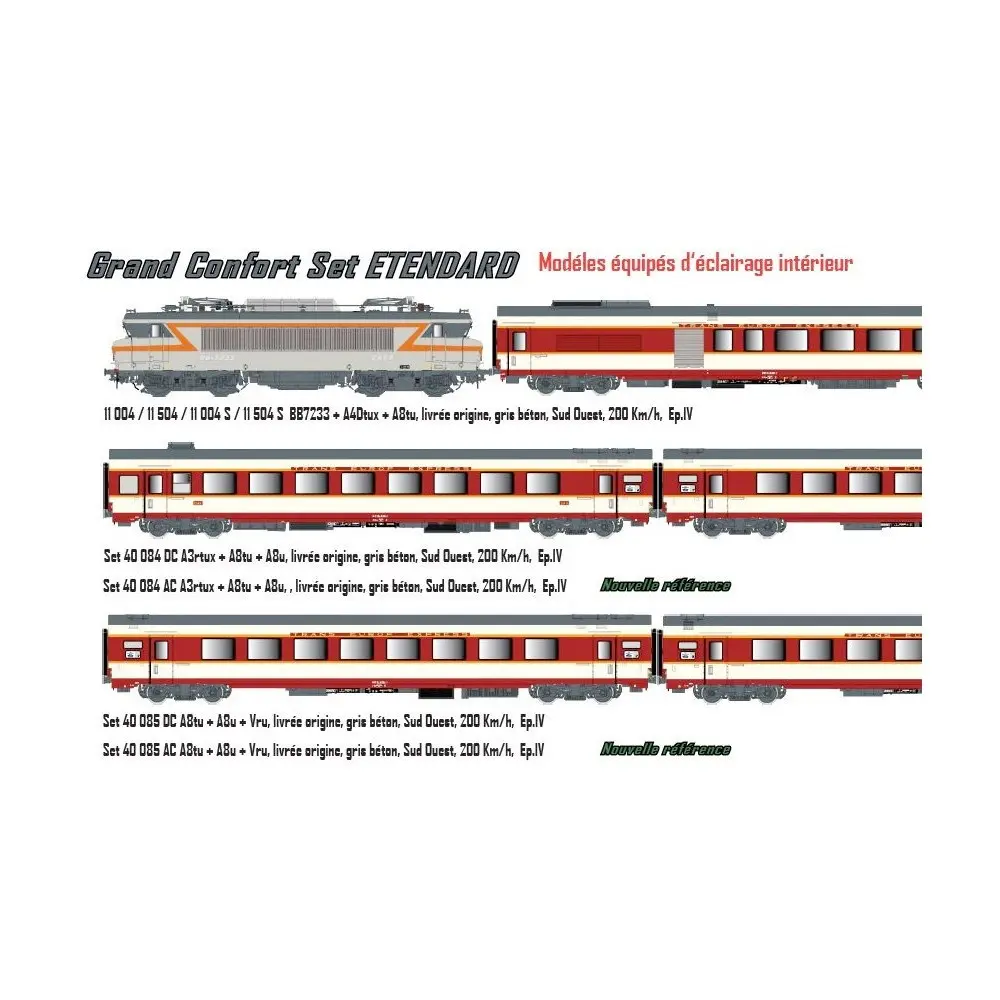Set de 3 voitures voyageurs grand confort "Étendard" A3rtux + A8tu + A8u - LS Models 40084AC - HO 1/87 - SNCF - Ep IV - 3R - 2