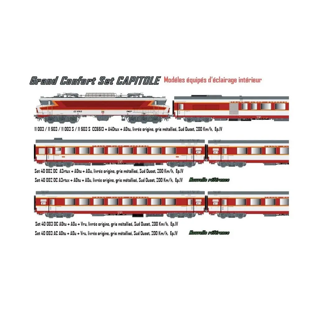 Set de 3 voitures voyageurs grand confort "Capitole" A3rtux + A8tu + A8u - LS Models 40082DC - HO 1/87 - SNCF - Ep IV - 2R - 2
