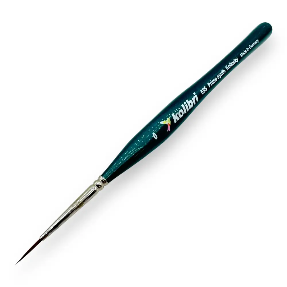 Pinceau N°0 en poil synthétique de martre Kolinsky, manche en métal bleu - Kolibri 0555/0