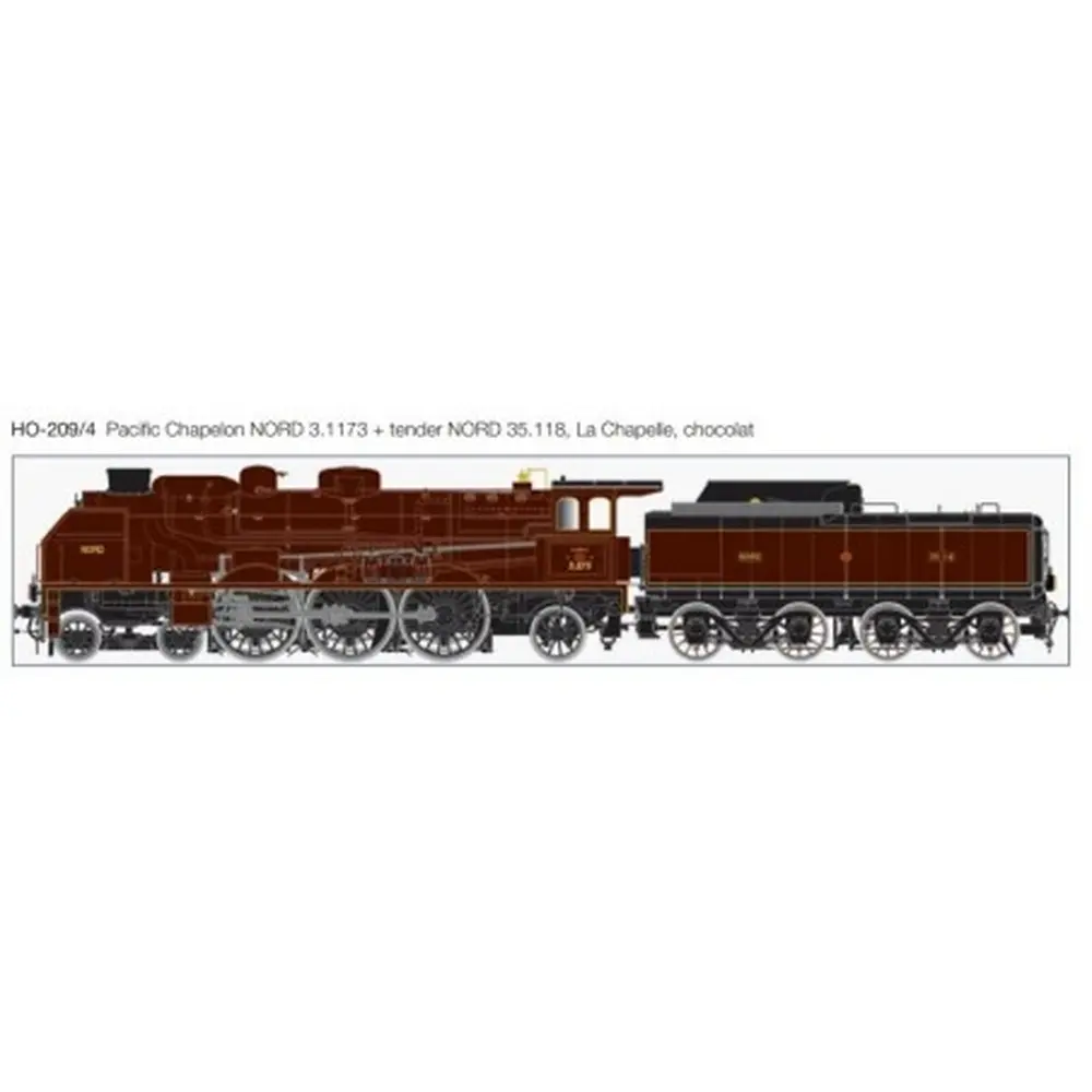Locomotive à Vapeur - Pacific Chapelon Nord 3.1173 + tender Nord 35.118 - Chocolat - Dépôt de La Chapelle - HO 1/87