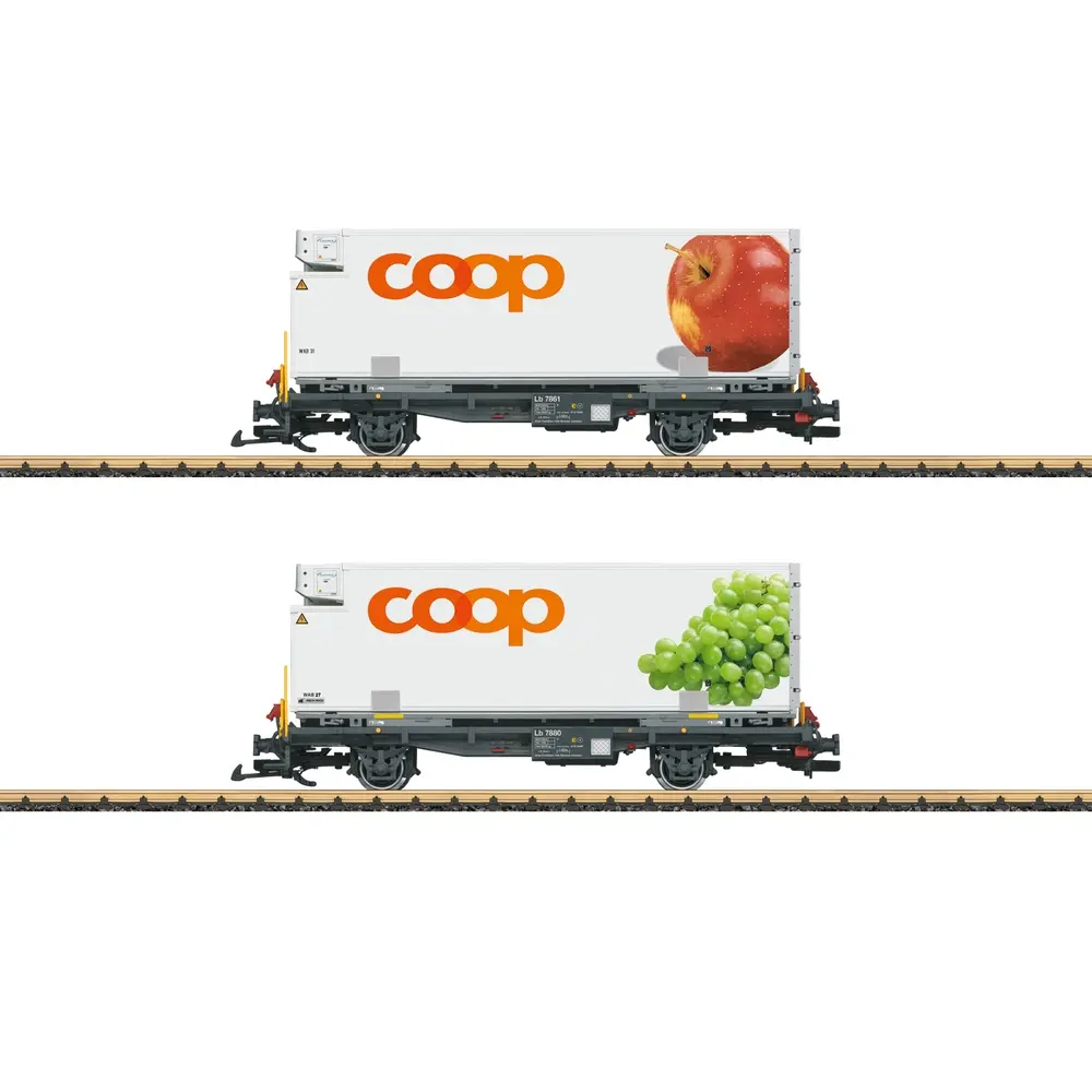 Coffret de 2 wagons porte-conteneurs coop® Pommes & Raisins - LGB L45887 - RhB - G 1/22.5 - EP. VI - 2R