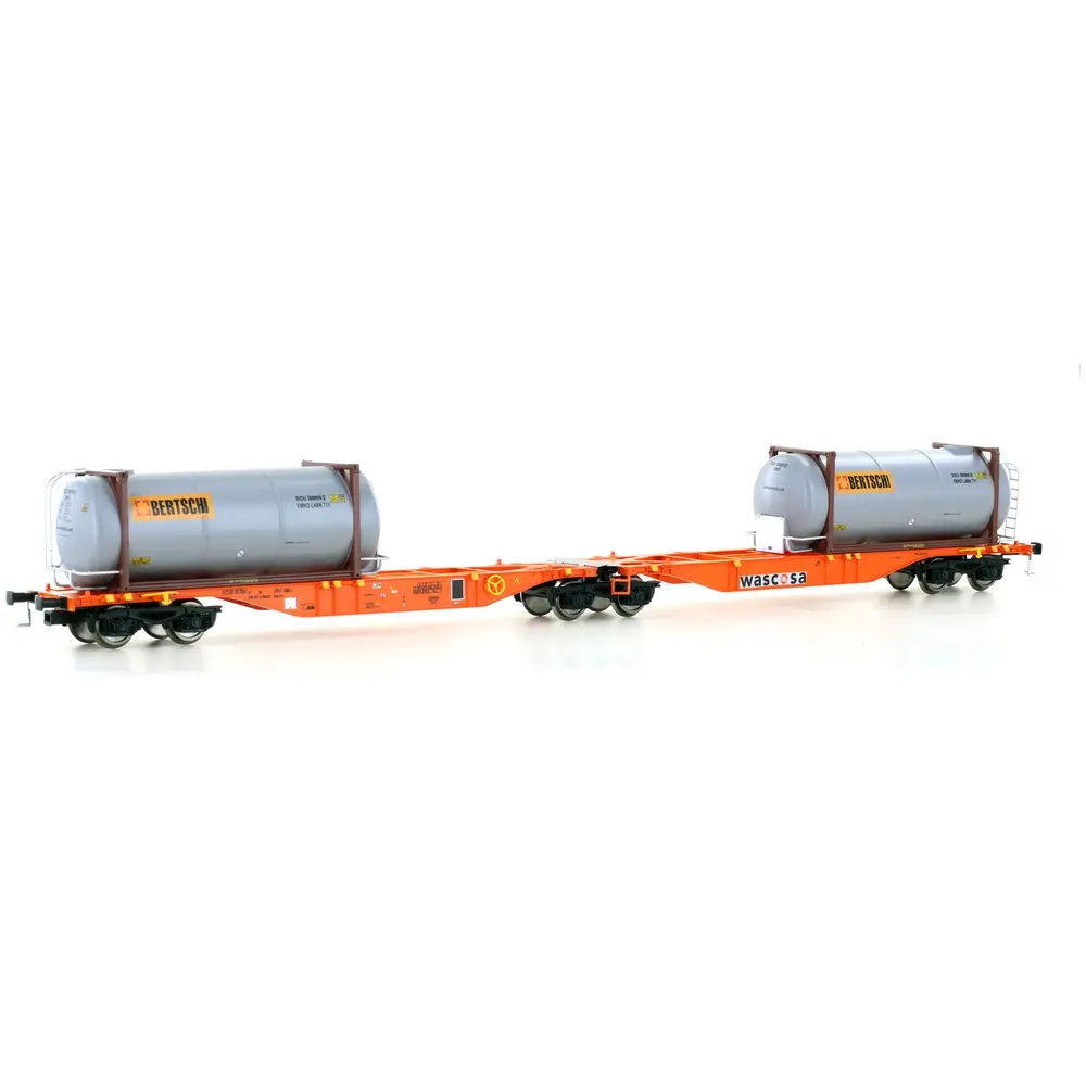 Wagon porte-conteneurs Sggmrss'90 Bertschi - Mehano 28401 - HO 1/87 - Wascosa - Ep VI - 2R