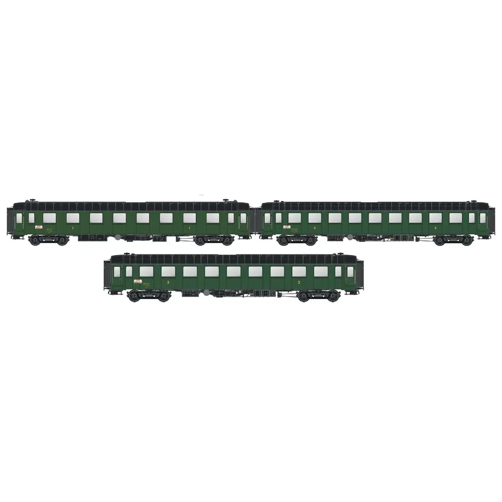 Set Mistral de 3 voitures voyageurs OCEM RA avec éclairage intérieur, A8, B9, B9 - Models World 1002-1 - HO 1/87 - SNCF - Ep III - 2R