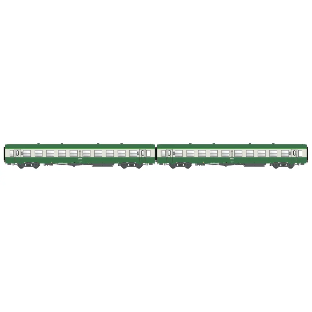 2 voitures voyageurs USI longues B10t U61, vert/gris, chauffage autonome, logo encadré blanc, bogies Y16 - Models World 40035 - HO 1/87 - SNCF - Ep IVd - 2R