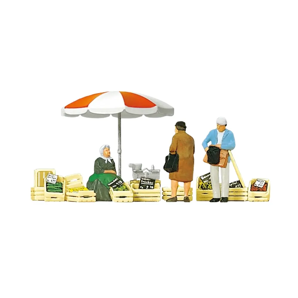 Femme assise au marché, clients, accessoires