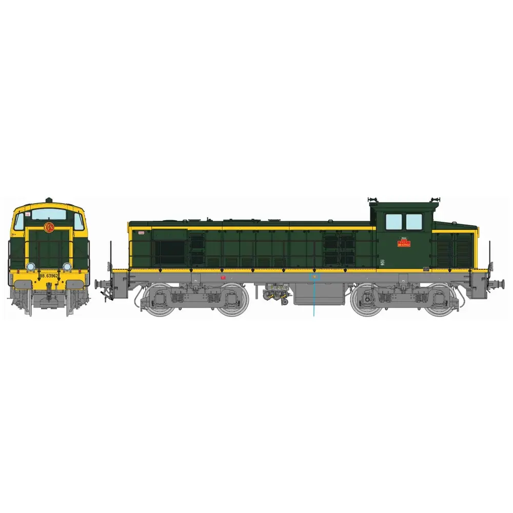 Locomotive diesel BB 63962 livrée vert 301, châssis gris, plaques en relief, (Villeneuve) - Ree Modèles JM020 - HO 1/87 - SNCF - Ep IV - Analogique - 2R