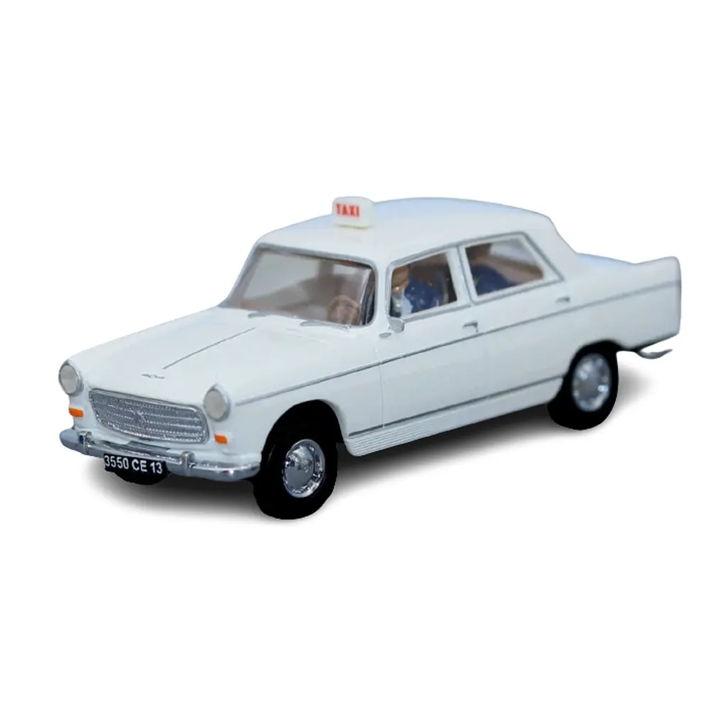 Voiture  TAXI Peugeot 404 blanche avec conducteur et passager SAI 1630 - HO 1/87