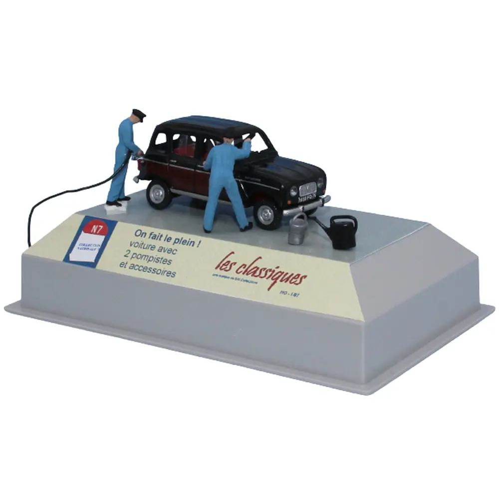 Voiture Renault 4L Parisienne, 2 pompistes et accessoires SAI 1931 - HO 1/87