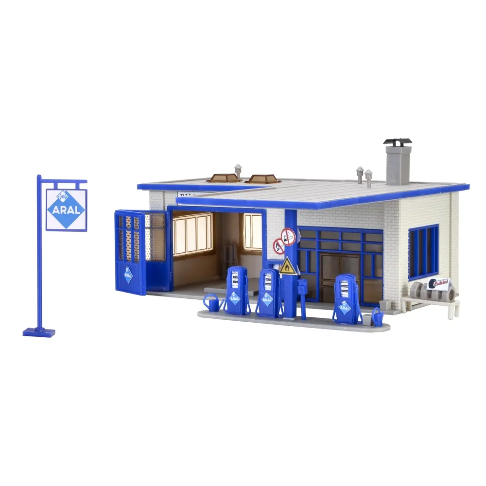 Station service ARAL , Bleu / blanc - VOLLMER 45156 - Échelle HO : 1/87ème - 175 x 150 x 80 mm