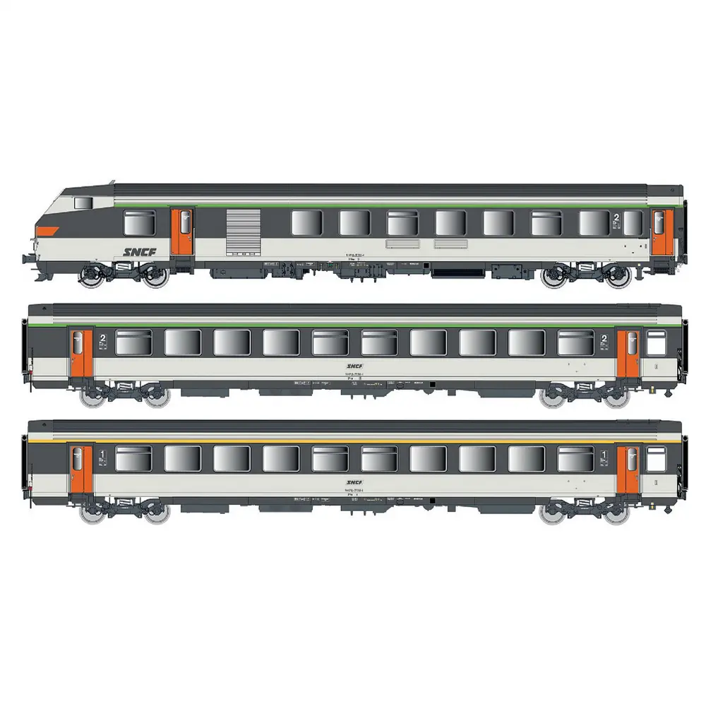 Rame réversible 3 voitures corail Rever Vu + VTu, livrée Corail d’origine, logo encadré - LS Models 41250DC - HO 1/87 - SNCF - Ep IV - 2R