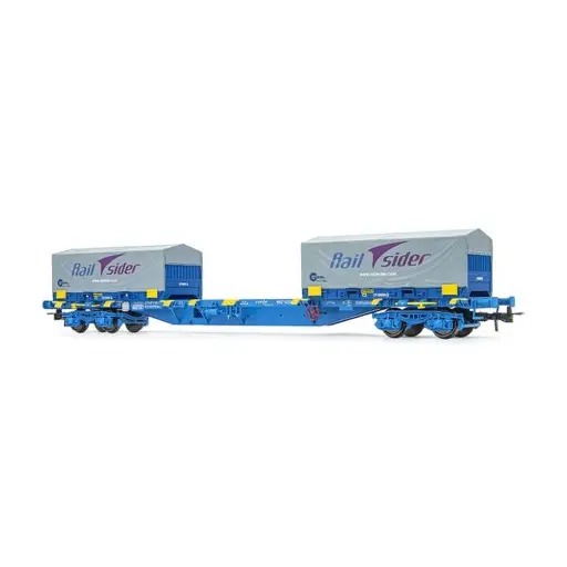 [ELHE6063] Wagon porte-conteneurs à 4 essieux MMC3, livrée bleue, chargé de deux conteneurs à bobines de 20 pieds « Cadfer/Railsider » - Électrotren HE6063 - HO 1/87 - RENFE - Ep VI - 2R